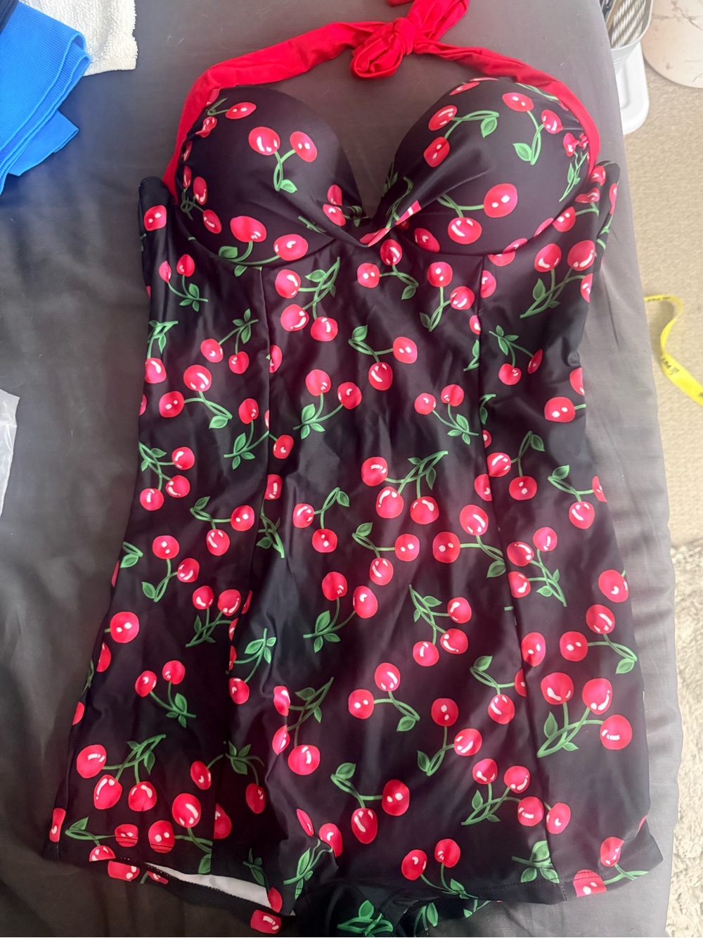 Rosegal Black Halter Swimdress with Red Cherry Print